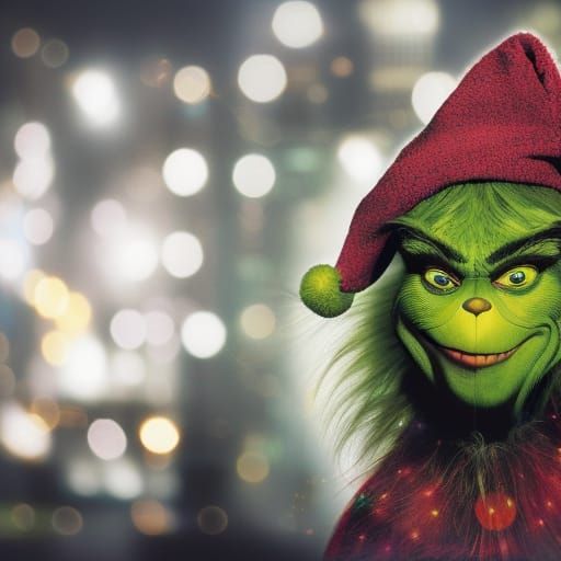 Happy Holidays! [intricately detailed portrait of the Grinch] in the big city. gorgeous beautiful happy expression beaut...