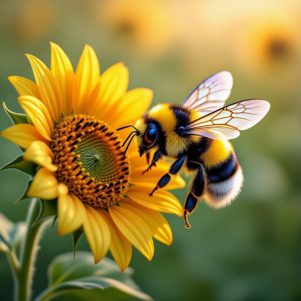 Cute Fluffy Bumblebee Hovering Near Sunflower