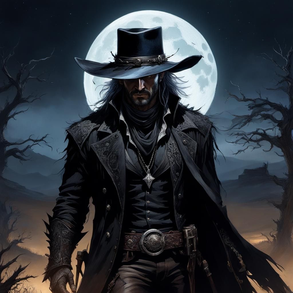 Brooding Gothic Cowboy in a Moonlit Western Landscape