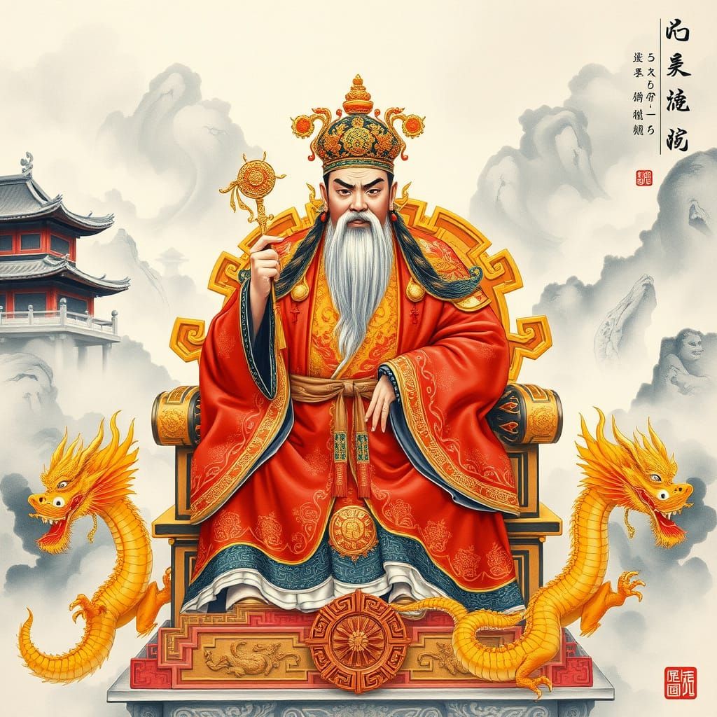 Yellow Emperor in Crimson and Gold Robes with Jade Scepter