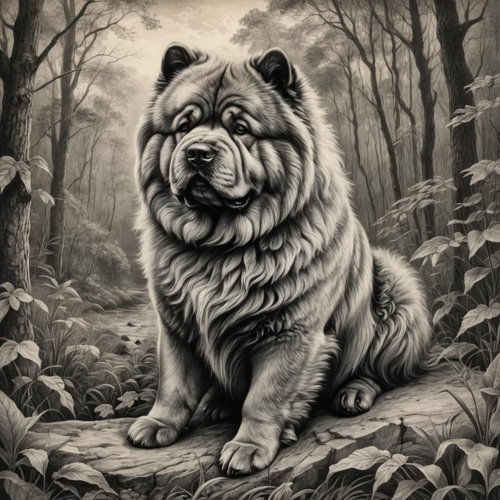 Chow Chow Dog in Nature, Dore-Style Charcoal Drawing