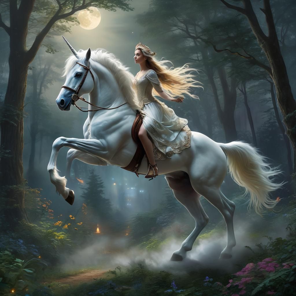 Woman Riding Unicorn in Moonlit Forest