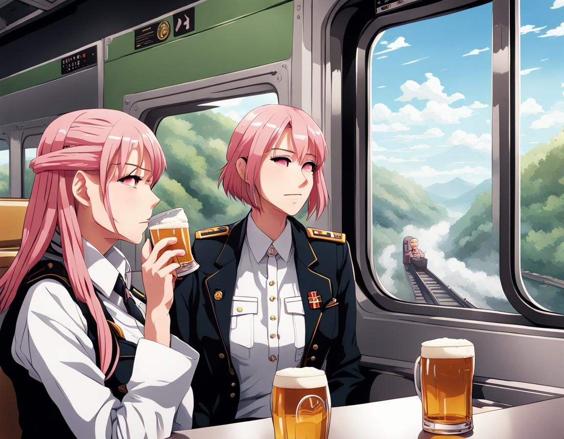 Anime-Style Pink-Haired General on Train with Beer