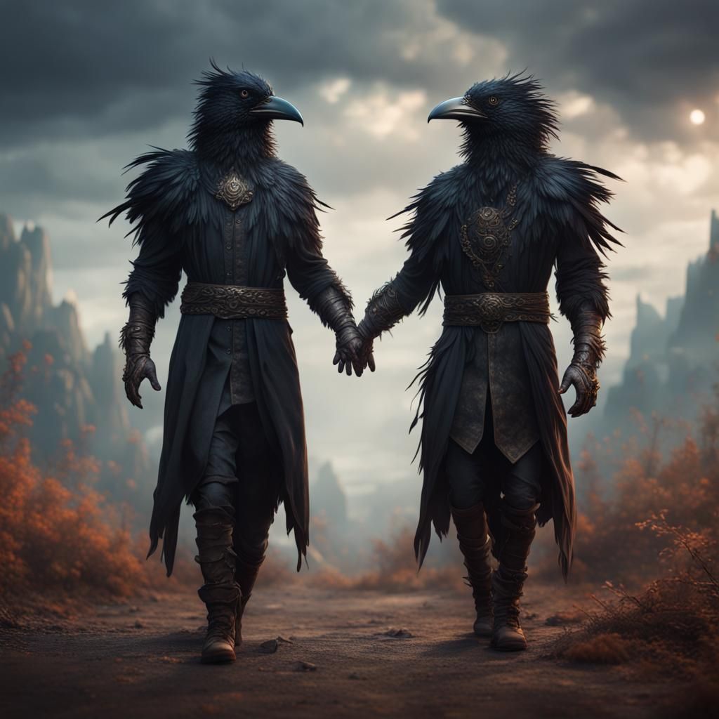 Crow Masked Figures Holding Hands: Fantasy Art