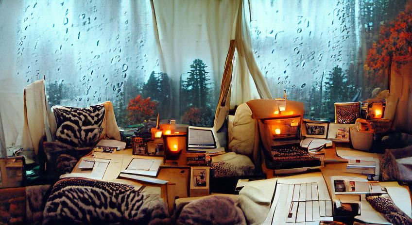 Cozy Writer's Desk on a Rainy Day