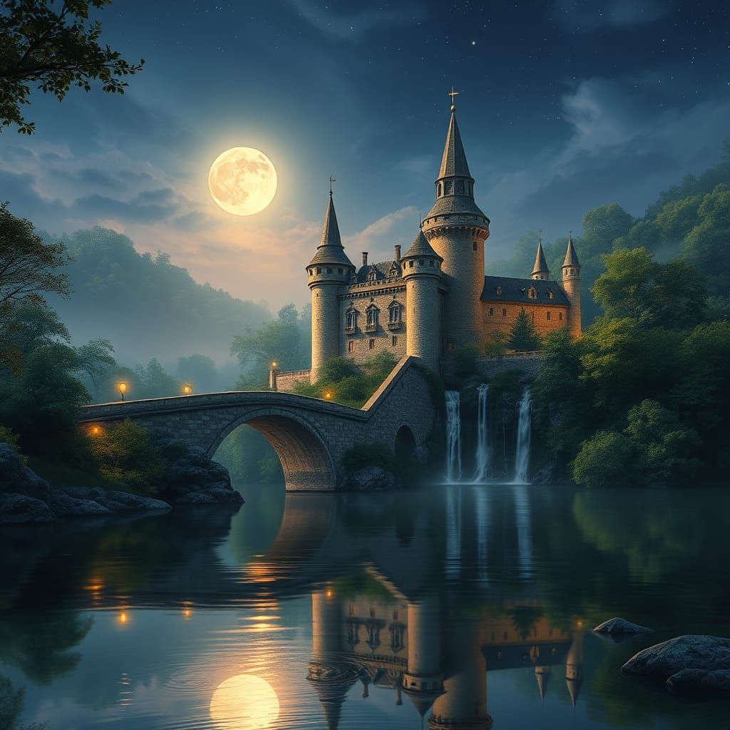 Magical Medieval Castle and Butterfly Cascade at Night