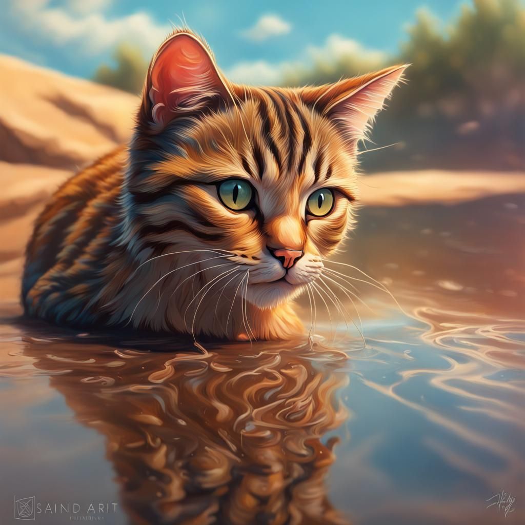 Hyperrealistic Cat Contemplates Reflection in Water