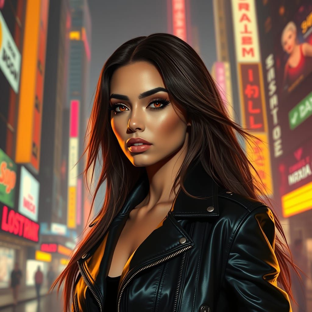 Cyberpunk Woman in Neon Cityscape