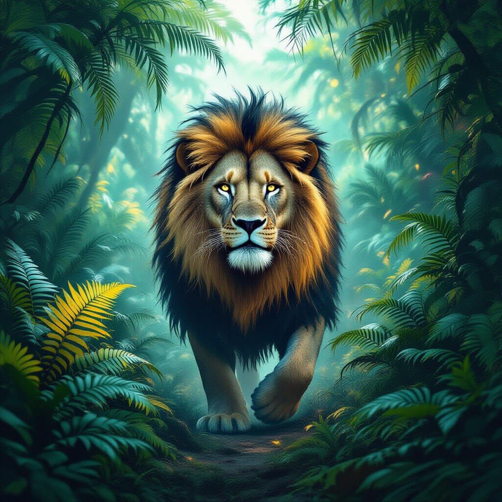 Spectral Lion in Bioluminescent Jungle, Hyperrealistic Matte...