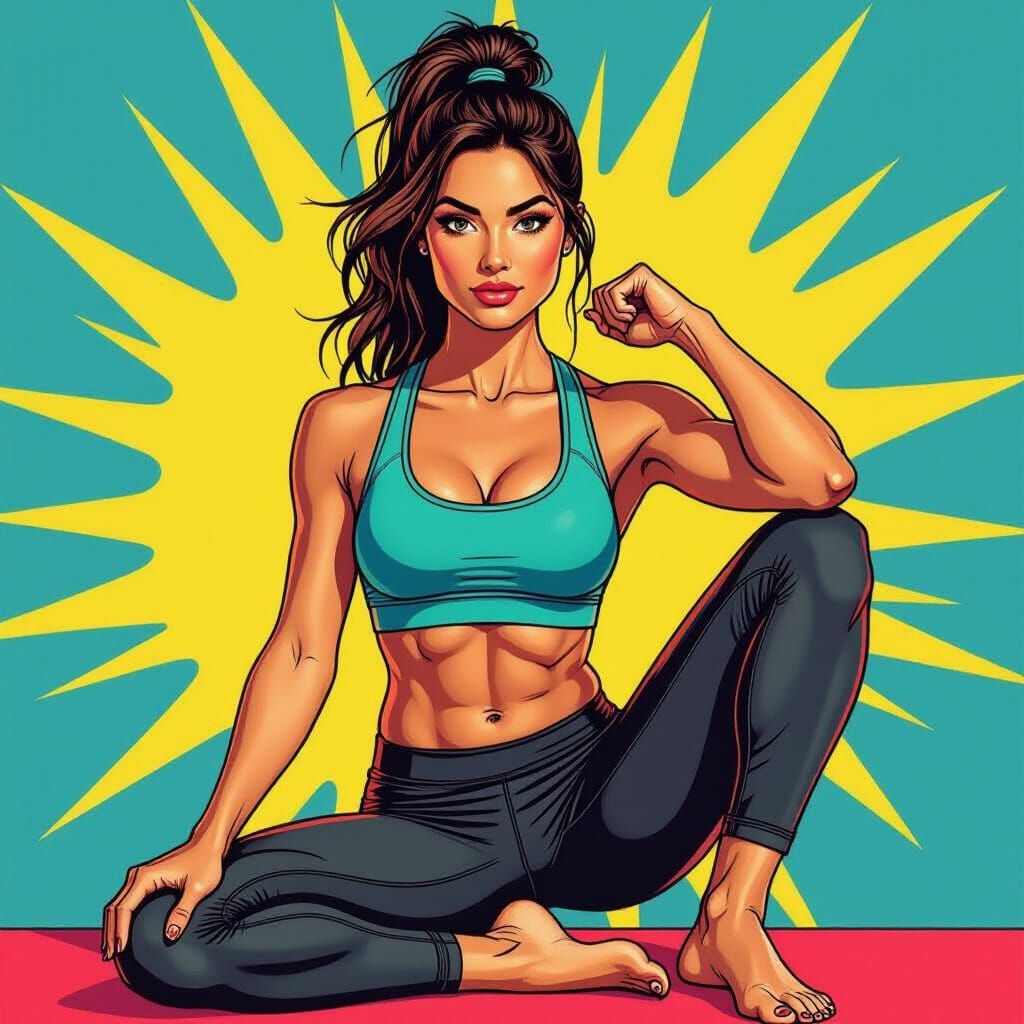 Humorous Yoga Scene in Hyper-Realistic Comic Style