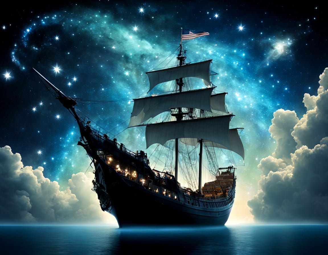 Ship Sails Under Constellation Sky