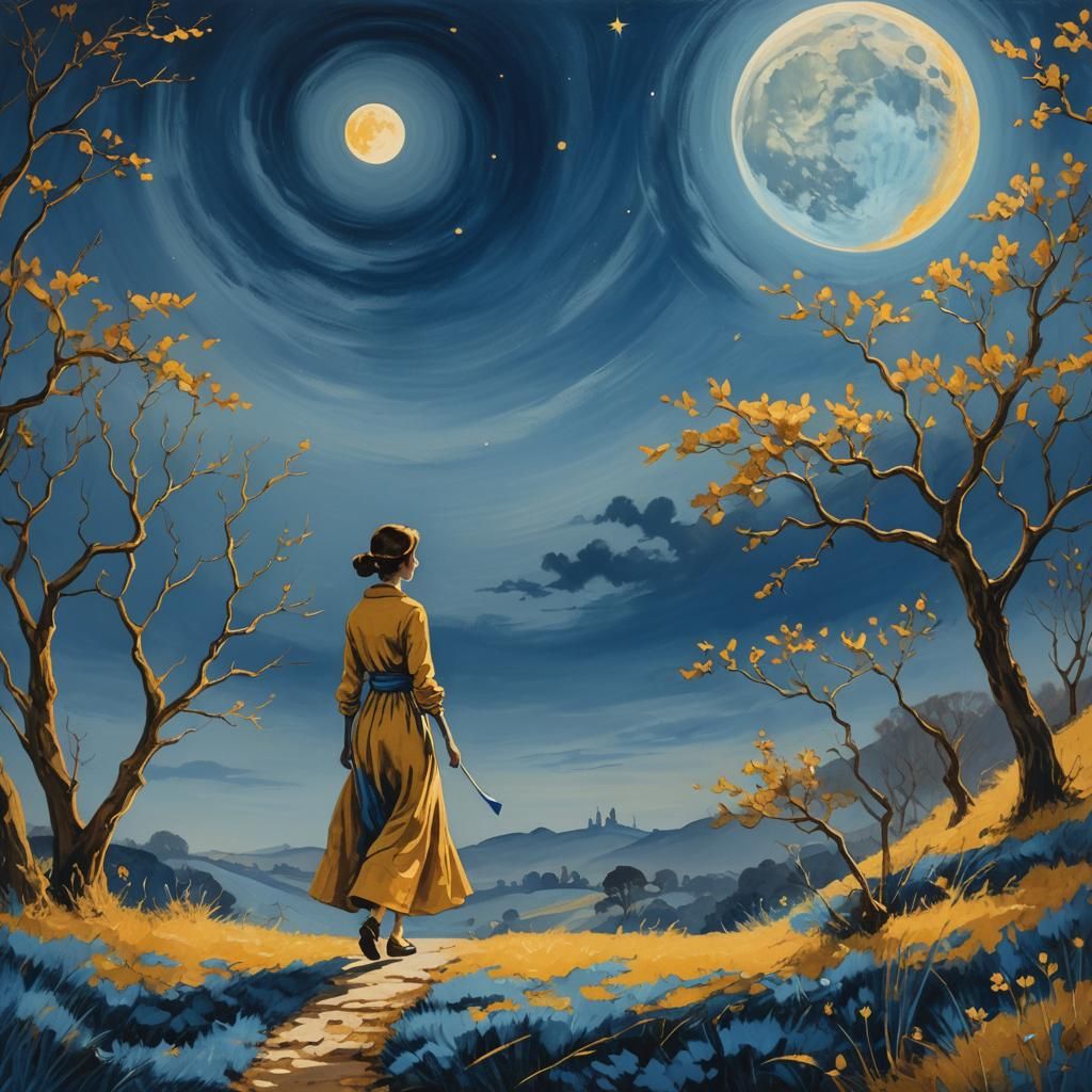 Woman Walking Toward Vibrant Blue and Gold Moon