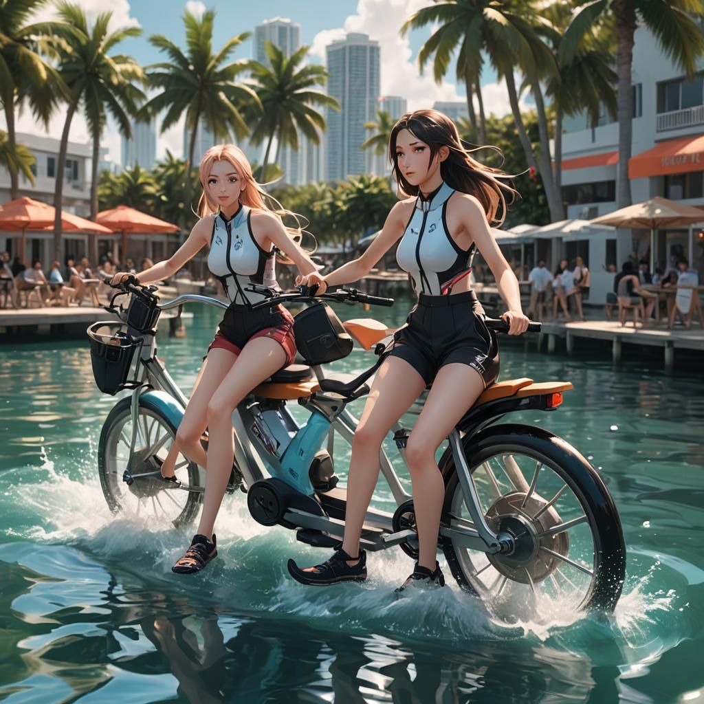 Two Girls at Water Bike in 3D Anime Art