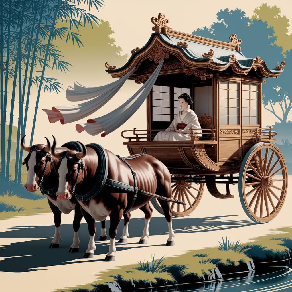 Elegant Heian Era Carriage Ride in a Serene Japanese Garden