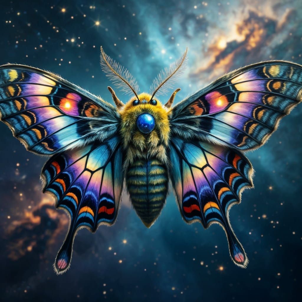 Majestic Celestial Weaver Moth in Cosmic Nebula