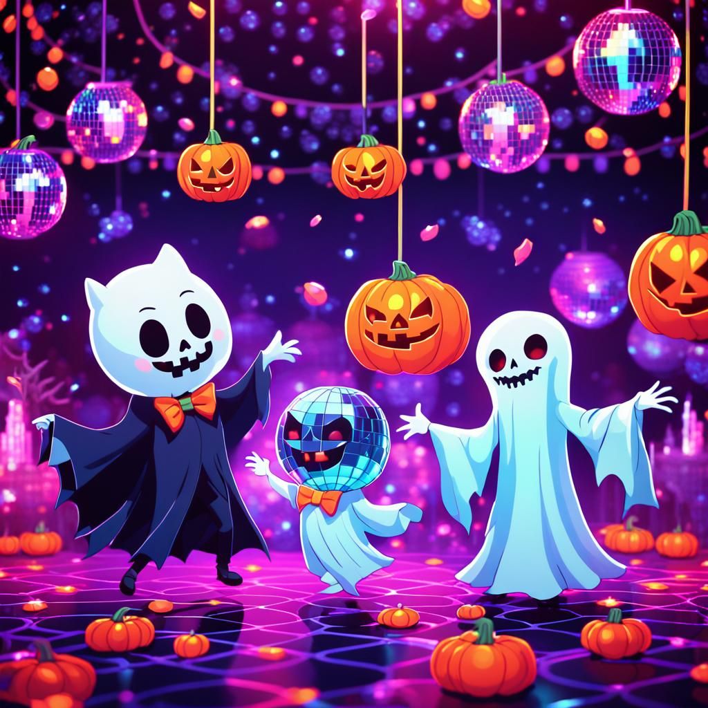 Kawaii Halloween Disco with Dancing Ghost and Vampire