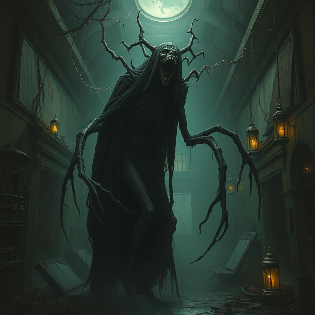 Macabre Figure in Ruined Asylum: Dark Fantasy Art