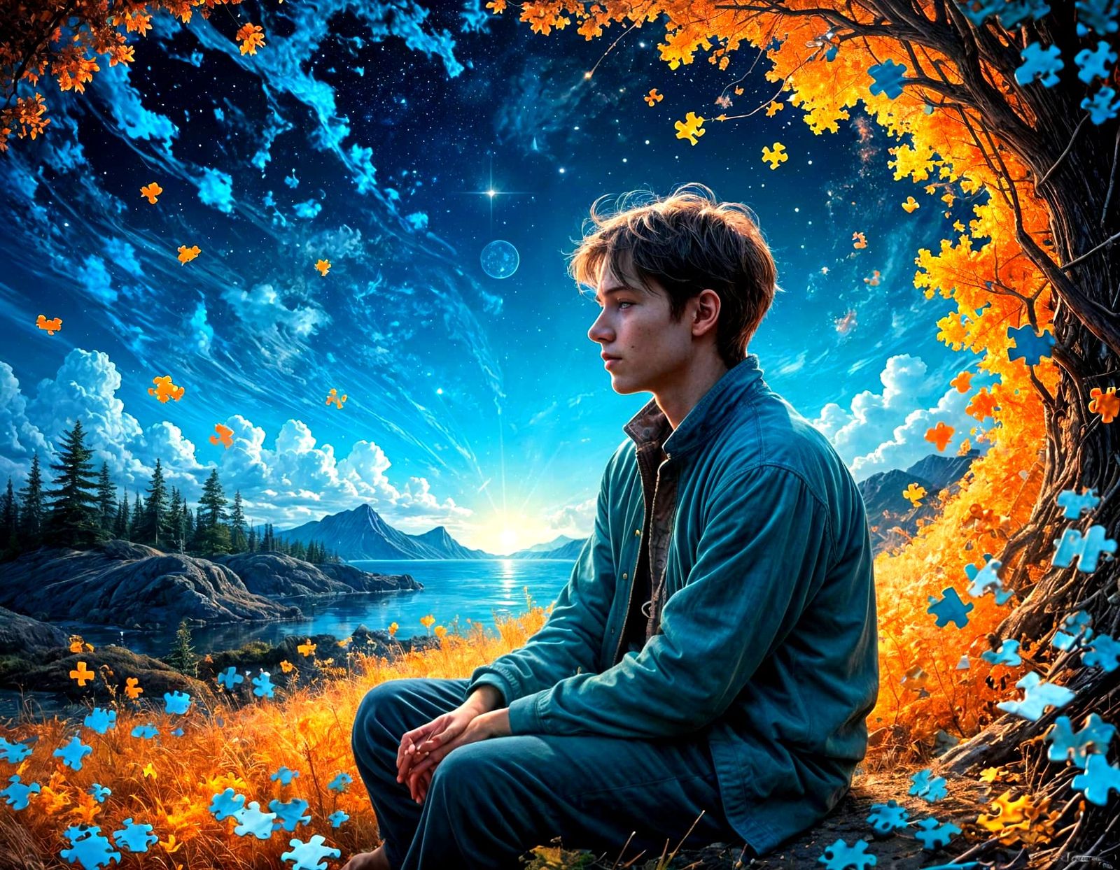 Surreal Fantasy Dreamscape in Cosmic Blue, Whimsical Fairyta...