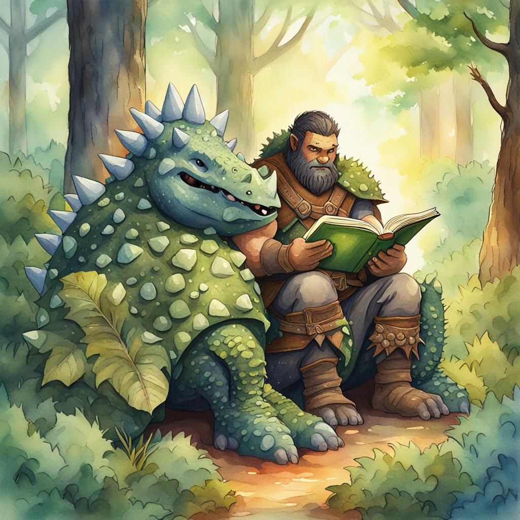 Orc Barbarian Reading to Ankylosaur in Watercolor Style
