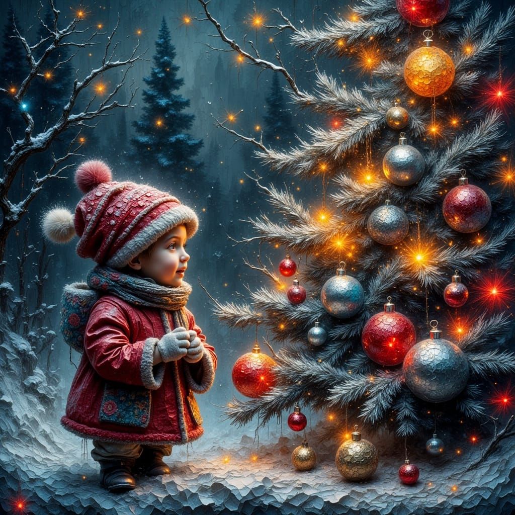 Girl Gazes at Vivid Christmas Tree in Monochrome Chalk Art
