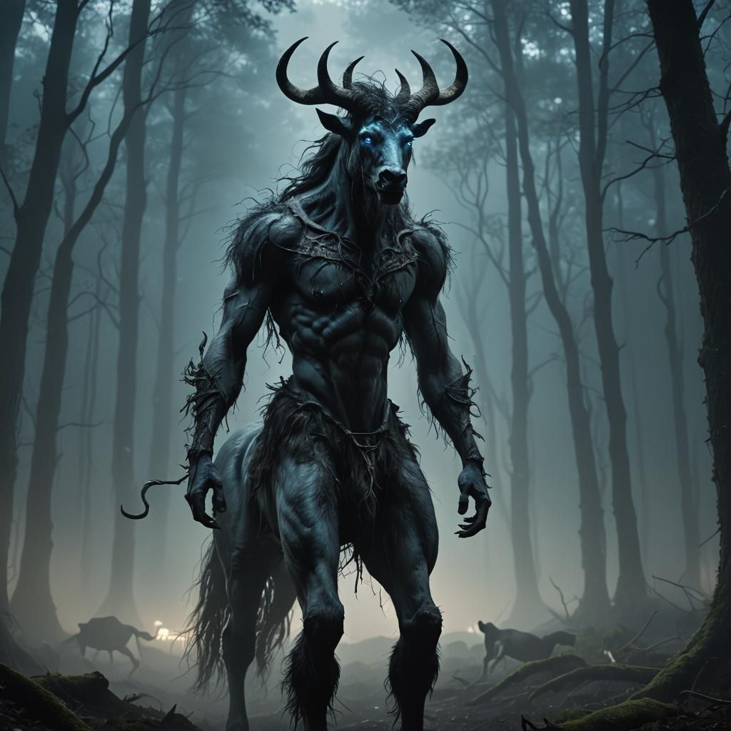 Terrifying Centaur in Misty Forest: Cinematic Film Still