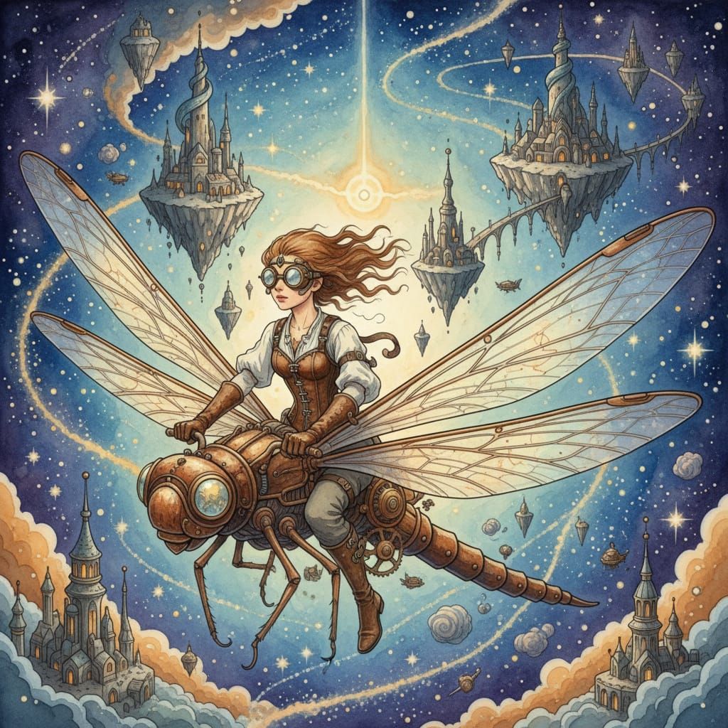Steampunk Dragonfly Pilot Soars Through Cosmic Cities