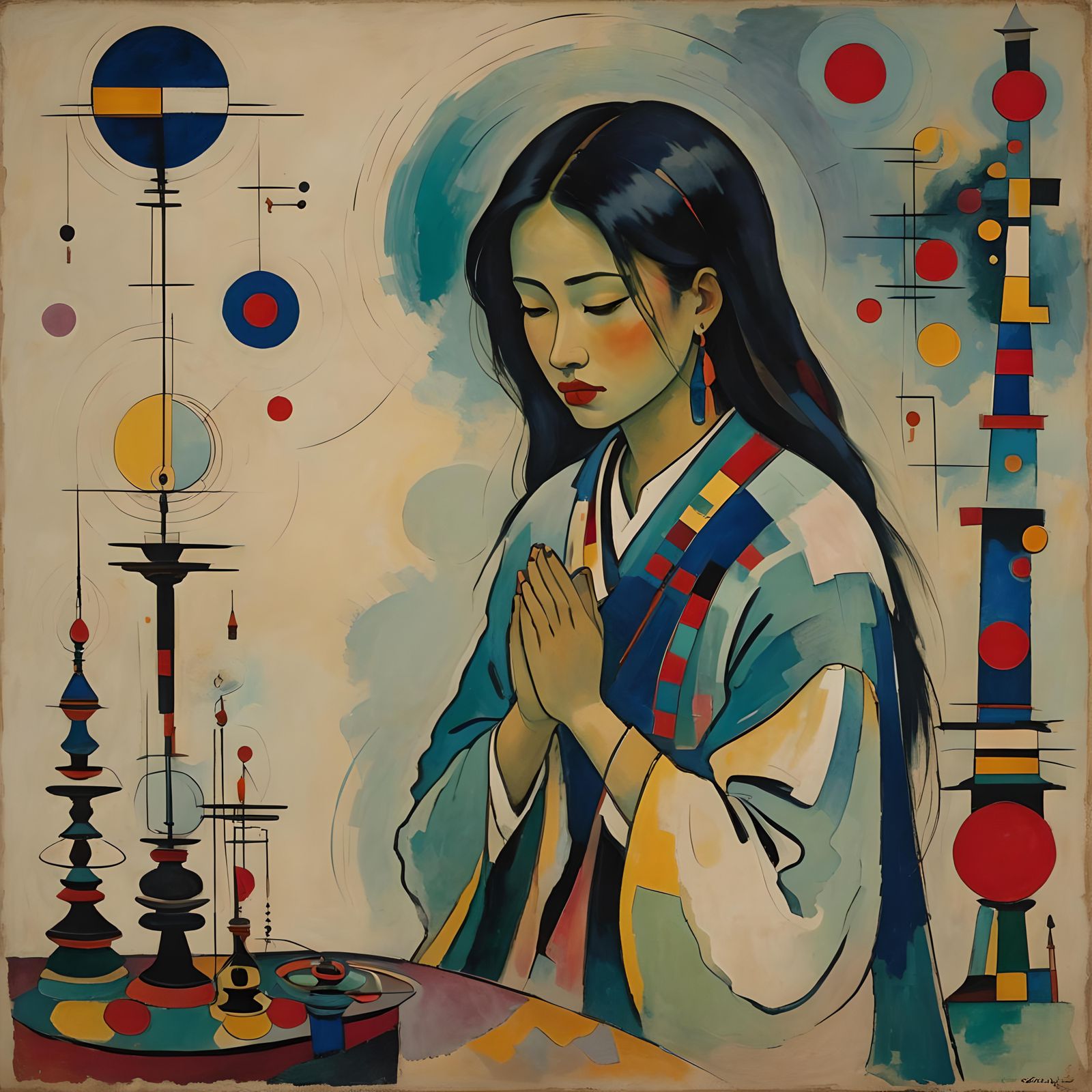 Indonesian Girl Praying: Abstract Kandinsky-Inspired Art