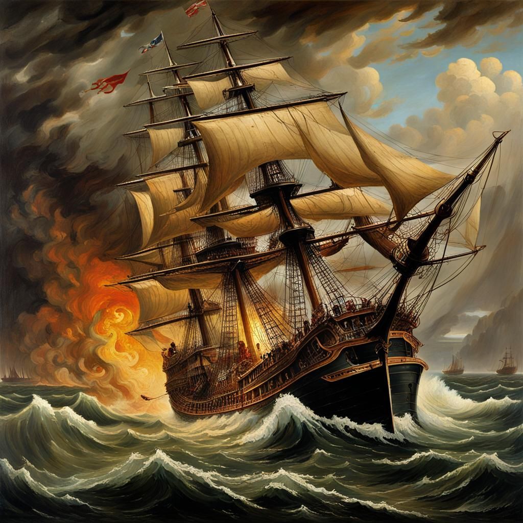 Pirate Ship in Bloody Storm: A Scene of Chaos