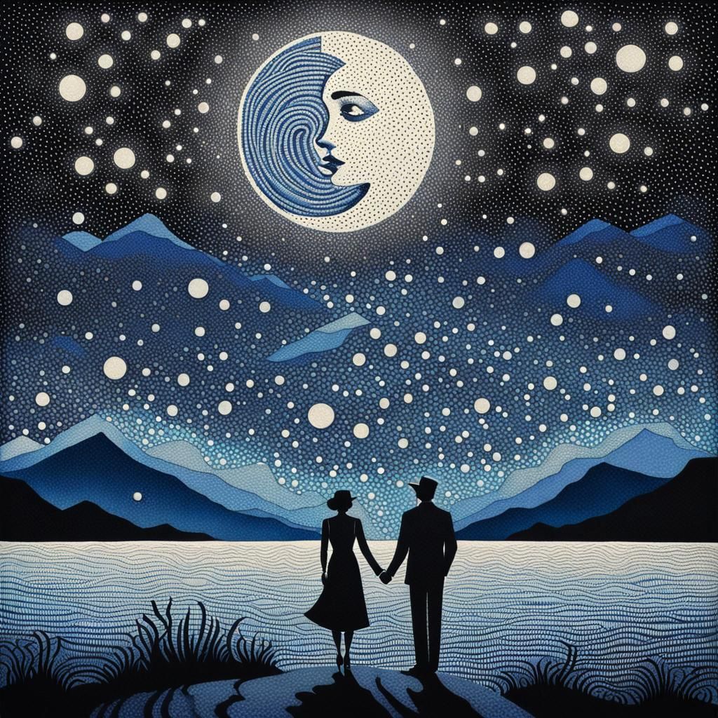 Mystical Starry Night: Pointillism Art Deco Romance