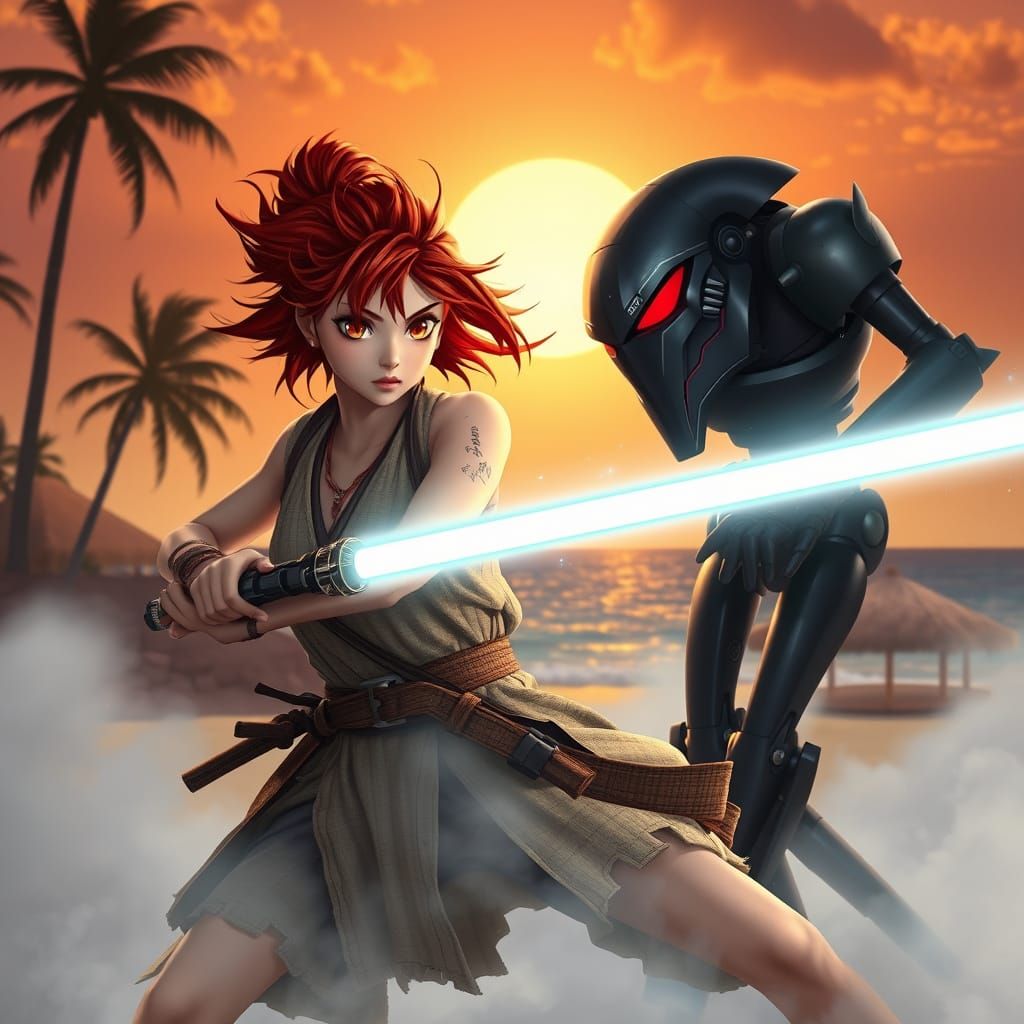 Asian Jedi Knight Battles Android in Hawaii: Anime Art