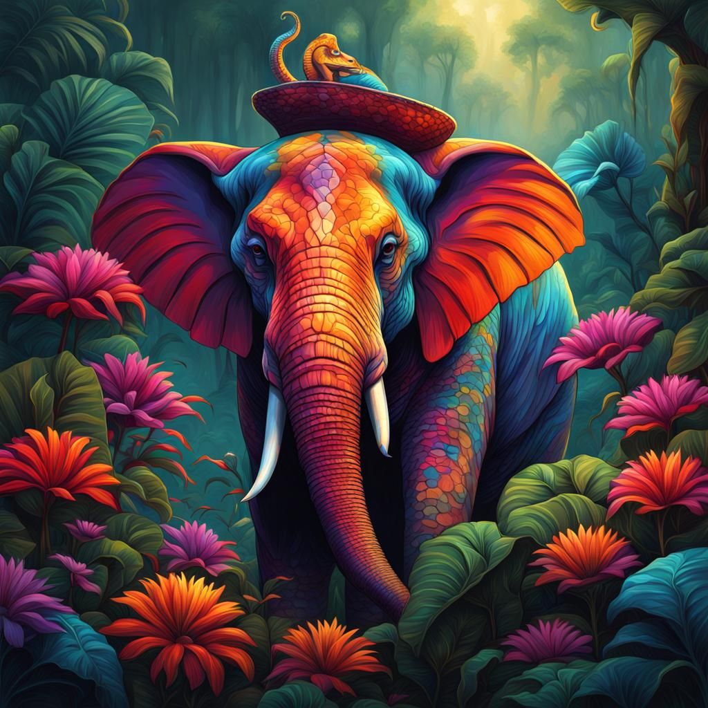 Boa Constrictor and Elephant in Colorful Fantasy Art
