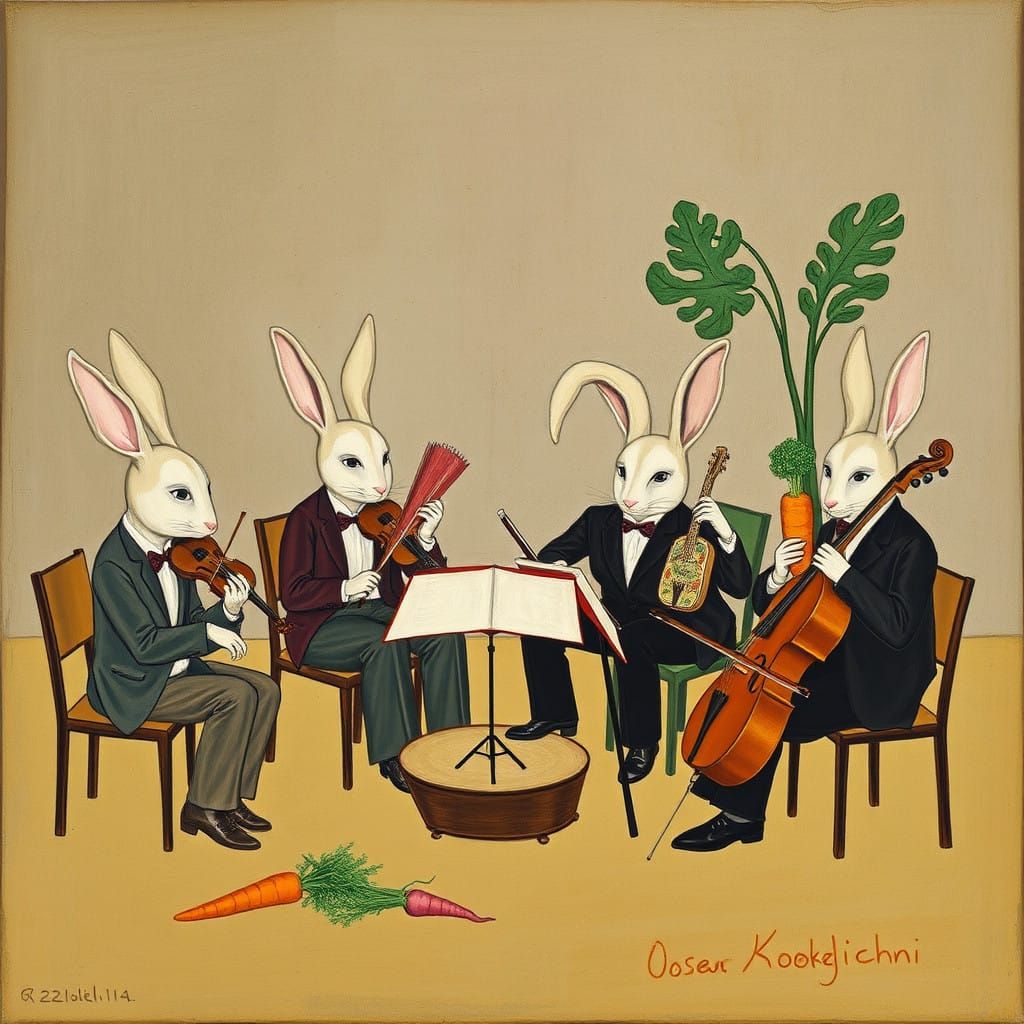 A Surreal Painting of a Rabbit Orchestra in a Vegetal Landsc...