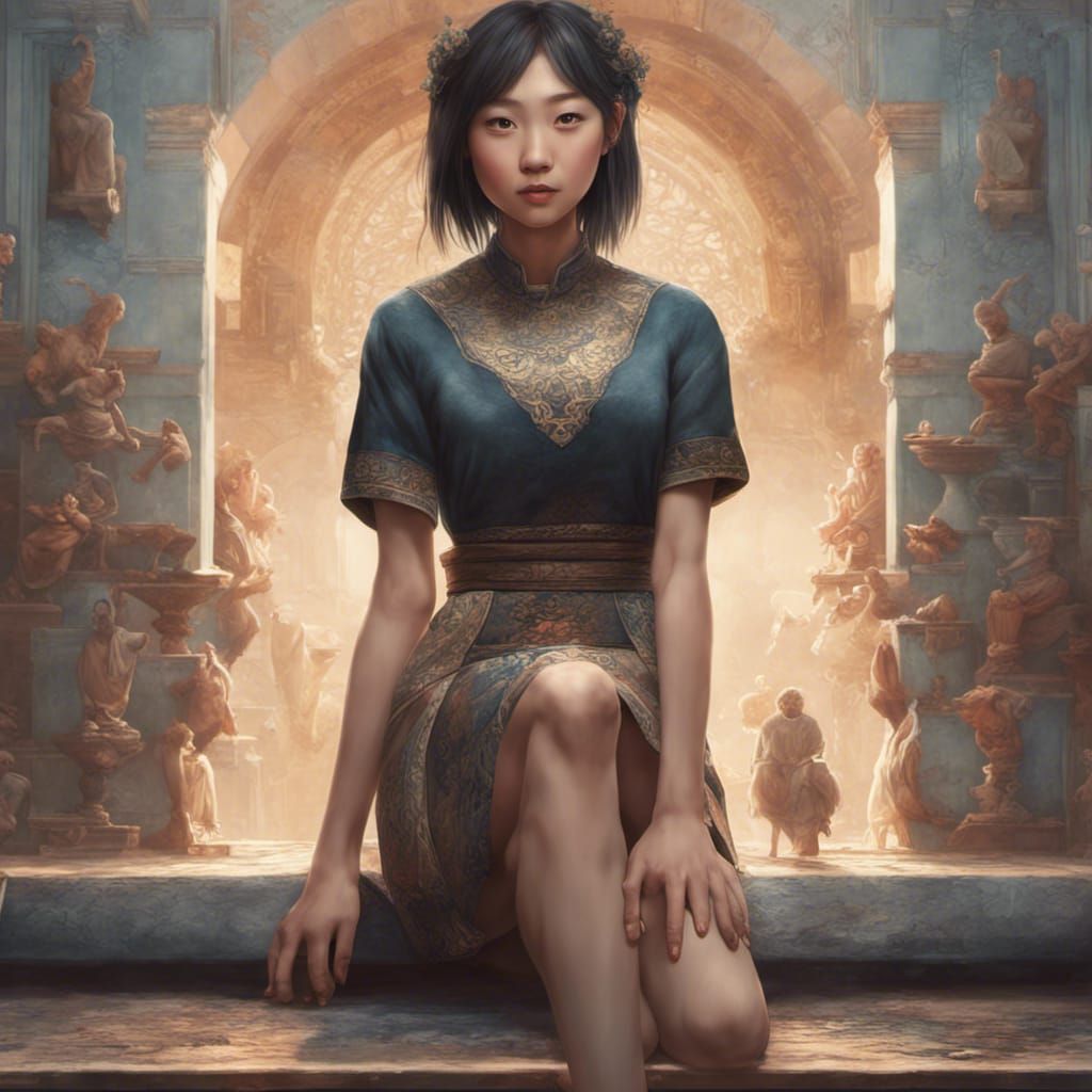 Nordic Woman Squatting, Smiling: Detailed Matte Painting