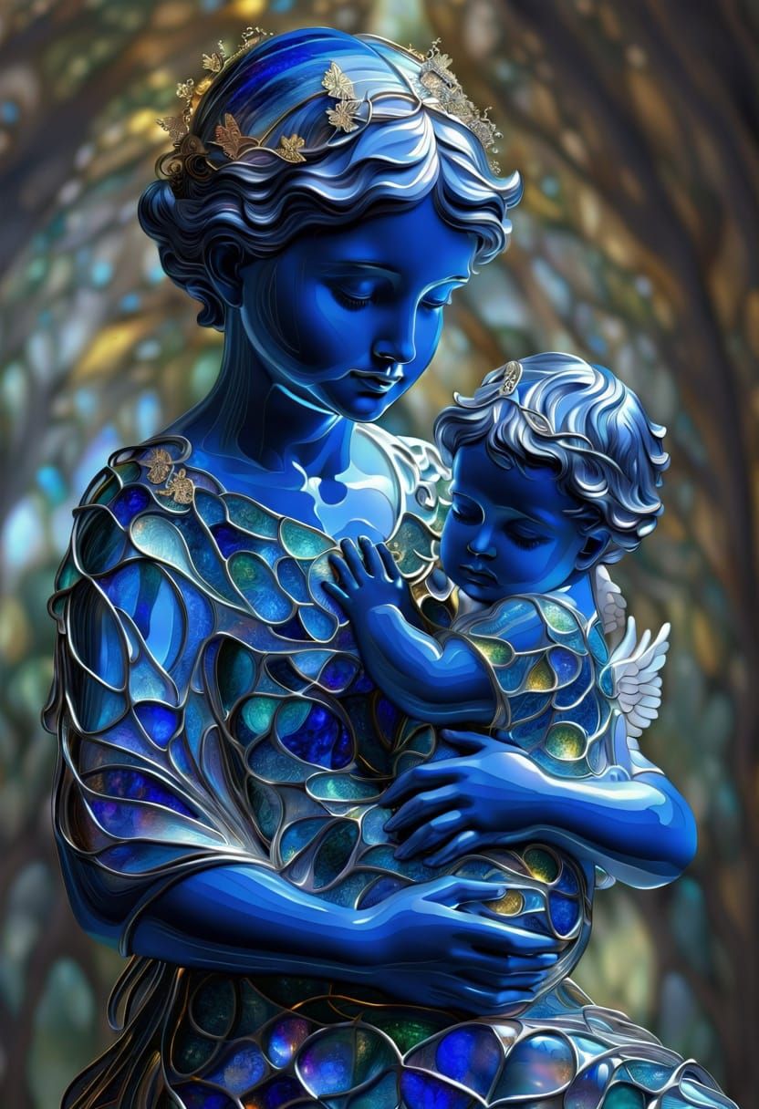 Angel and Infant in Tiffany Stained Glass Style