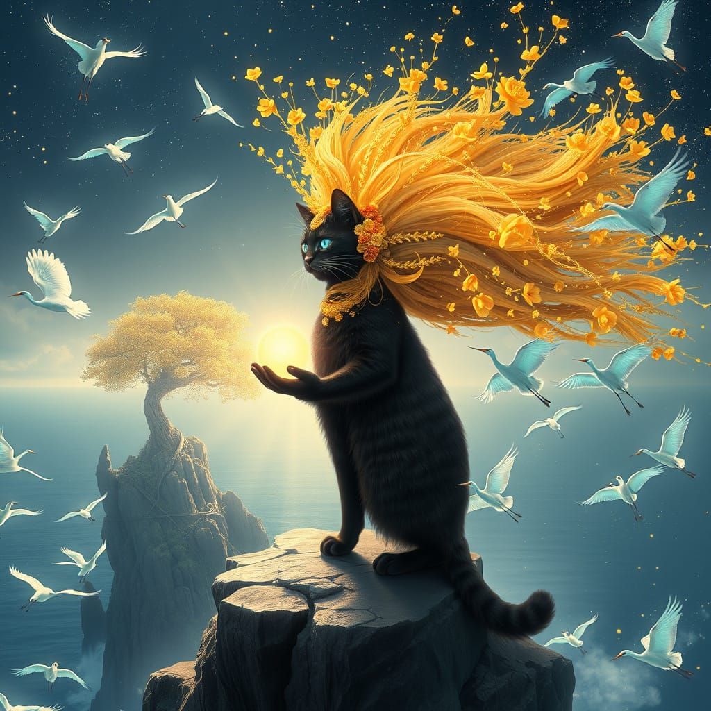 Golden Floral Siberian Cat with Sequoia Tree