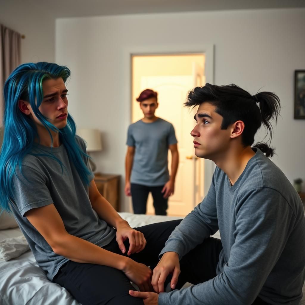 Embarrassed Man with Neon Hair in Bedroom