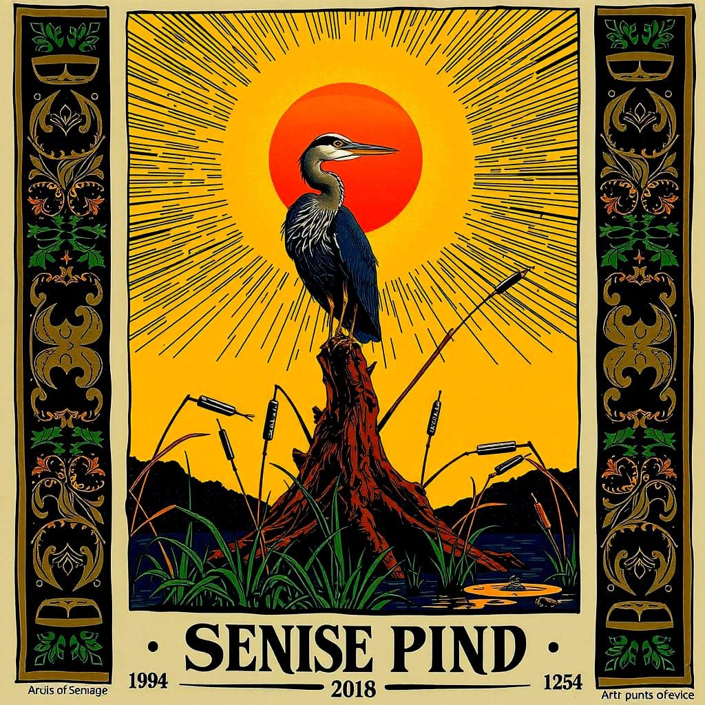 Great Blue Heron in Evening Pond Sunset