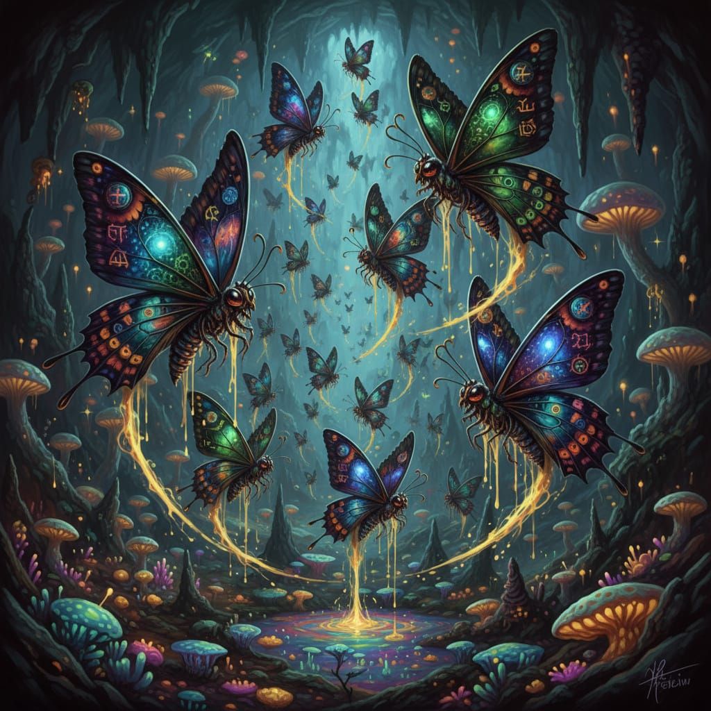 Bioluminescent Cavern Butterflies Attack in Dark Fantasy Sty...