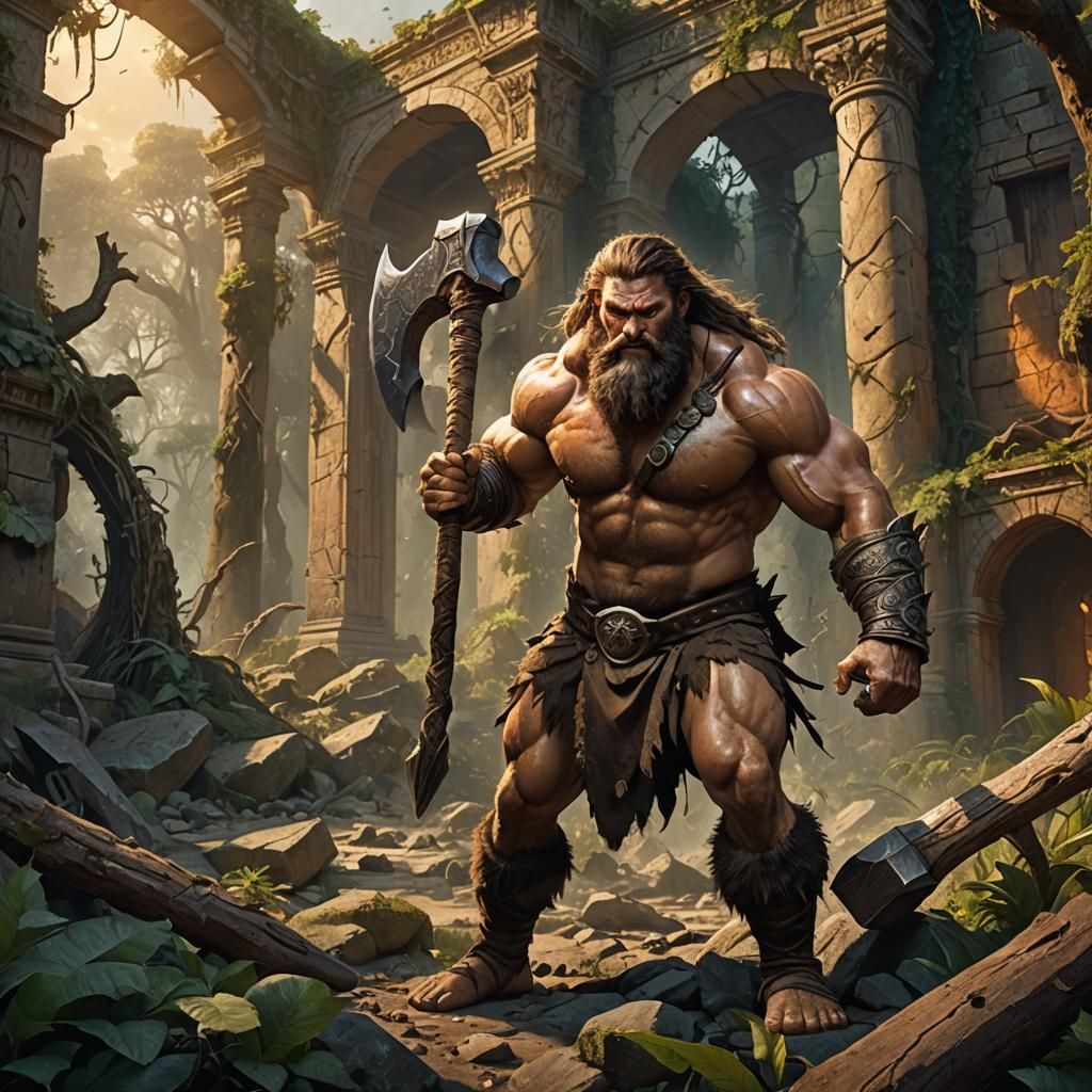 Barbarian Warrior in Overgrown Fantasy Landscape