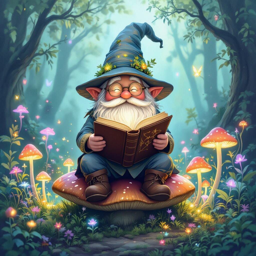 Gnome Reading in Bioluminescent Forest, Watercolor Art