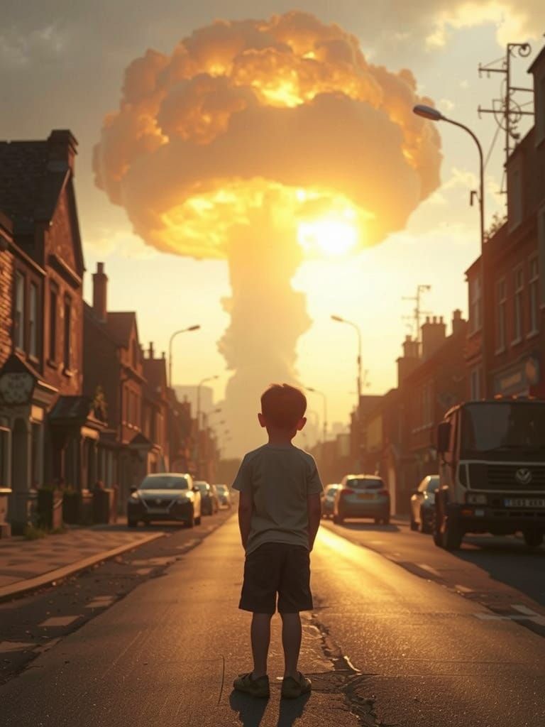 Boy Stares at Mysterious Cloud over Quaint English Town