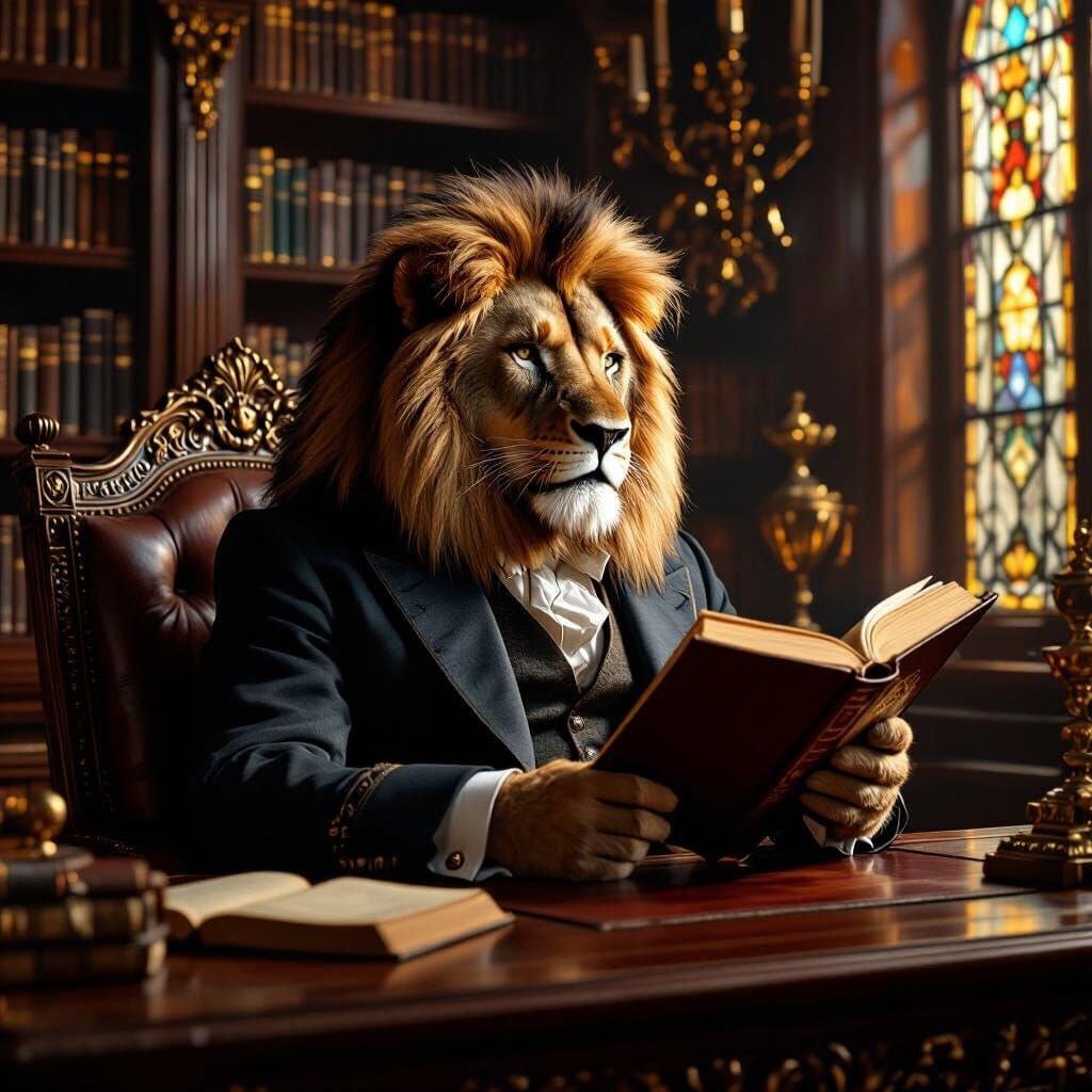 Lion in Suit Reading Book, as Classical Portrait