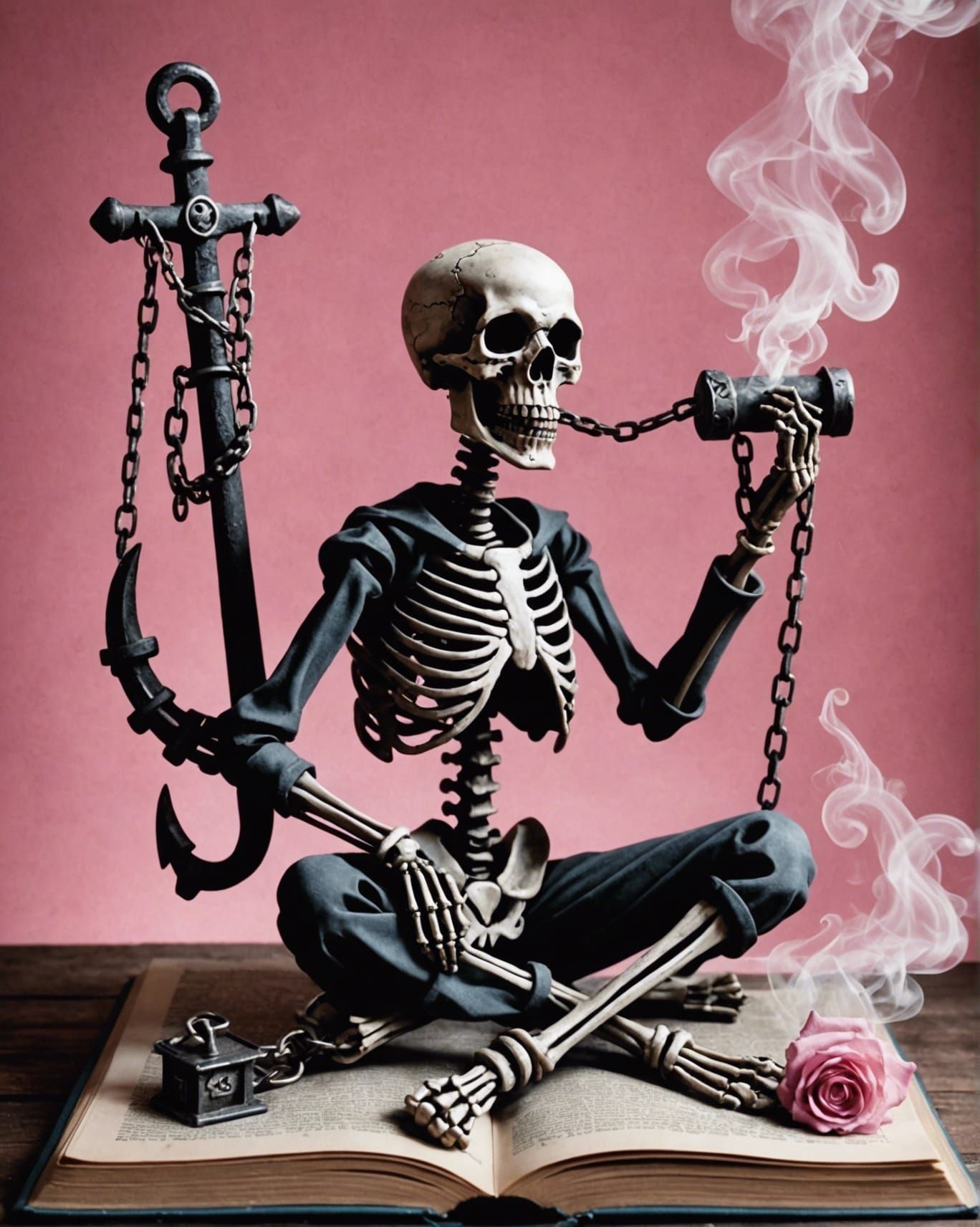 Skeleton Chained to Anchor in Smoky Pink Style
