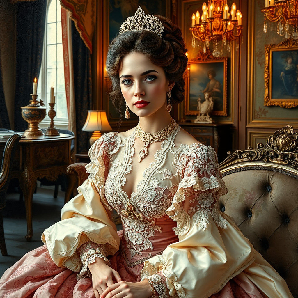 Victorian Lady in Opulent Living Room, Gouache Style