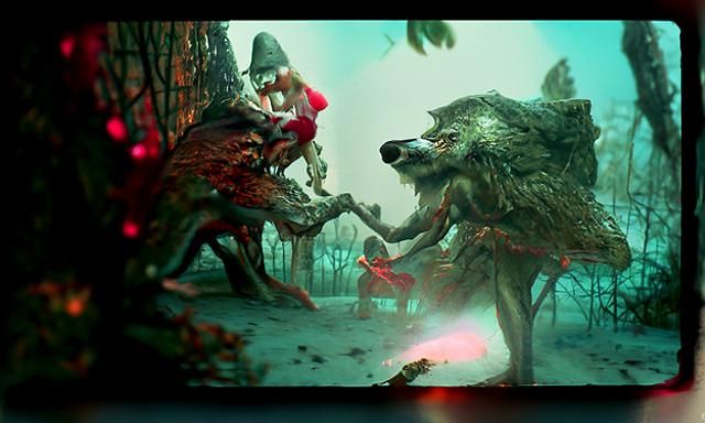 Red Riding Hood vs Mushroom Werewolf in Solarpunk Style