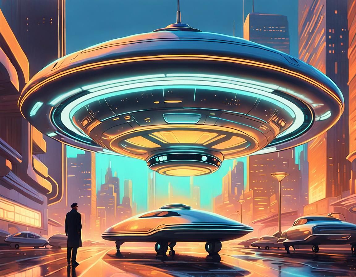Retro-Futuristic Flying Saucer Cityscape at Dusk