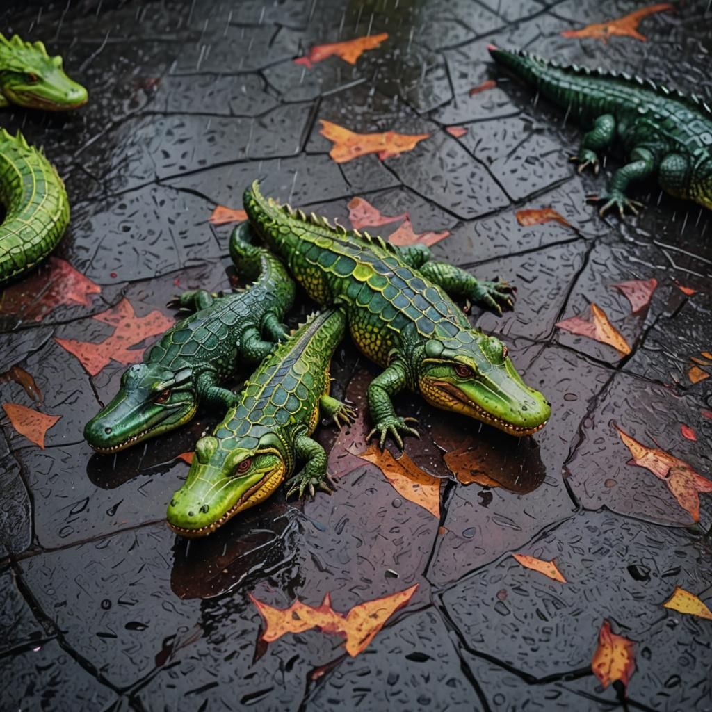 Neon Alligators in the Rain, Hyperrealistic Style