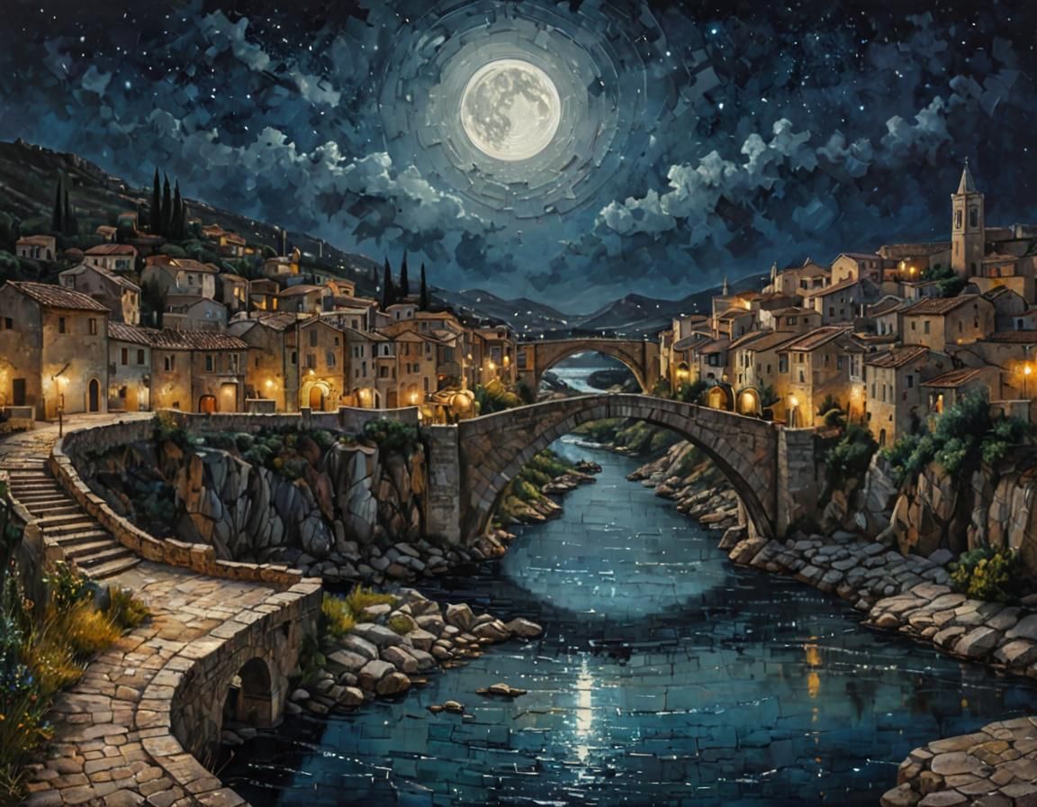 River Under Starry Mediterranean Skies in Vibrant Acrylic