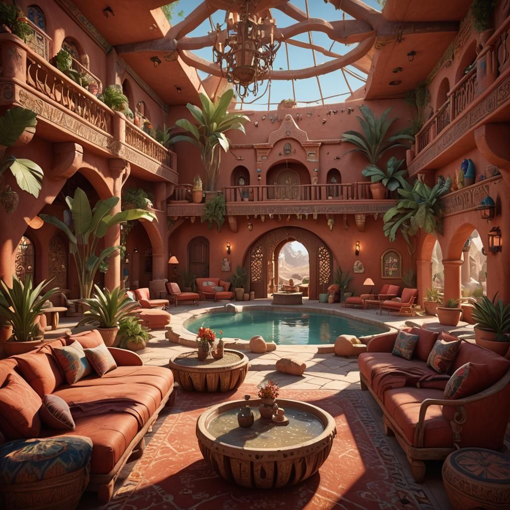 Adobe Village Common Room with Desert Oasis, Fantasy Art