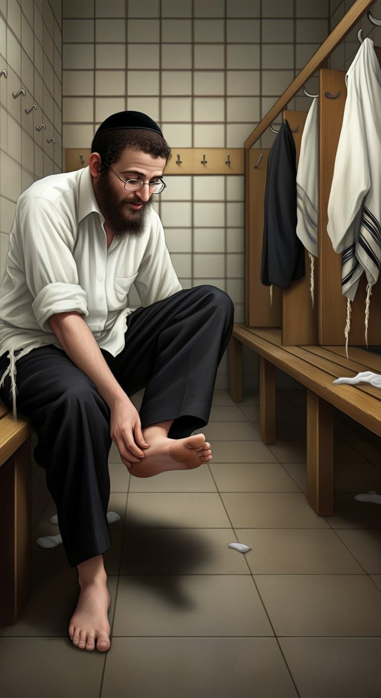 Chassidic Man Scratching Foot in Mikvah, Comic Book Style